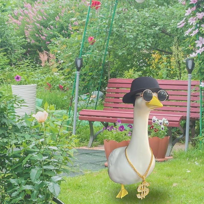 9pcs Goose Outfit,Porch Goose Outfits,Lawn Goose Statue Costume,for 17"/23" Statue Patio Lawn Garden Decoration,with Gold Chain Collar and Sunglasses(Hiphop-A)