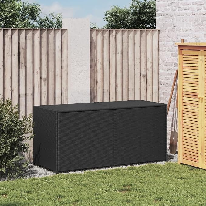 Large Capacity 283L Garden Storage Box, Black PE Rattan with Powder-Coated Steel Frame, Modern Woven Design for Outdoor Patio Deck, Water-Resistant UV Protection, Easy-Access