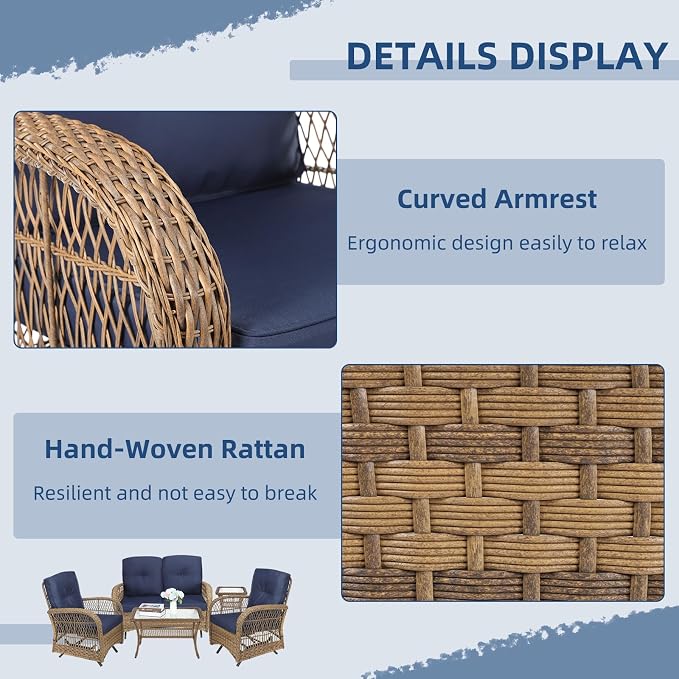 5-Piece Wicker Patio Furniture Sets Outdoor All-Weather Rattan Conversation Set Includes Glider Loveseat, 2 Glass-Top Coffee Tables, 2 Glider Rocker Chairs for Porch Backyard, Navy Blue