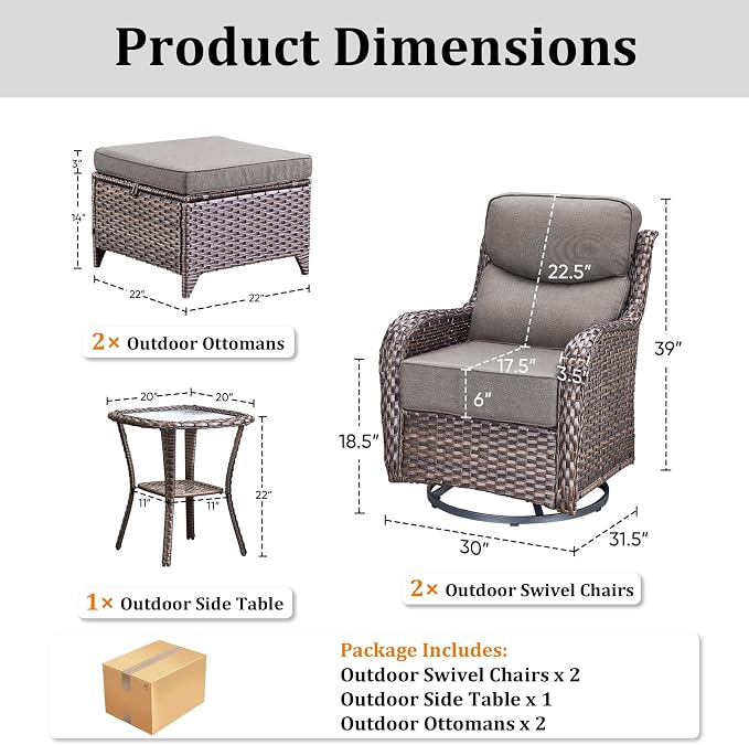 Luxury Outdoor Swivel Rocker Patio Chairs Set of 5, High Back Swivel Patio Chairs with Side Table & 6" Thick Cushions, Ottomans, Wicker Outdoor Bistro Set for Porch, Yard, Deck, Poolside, Brown/Grey