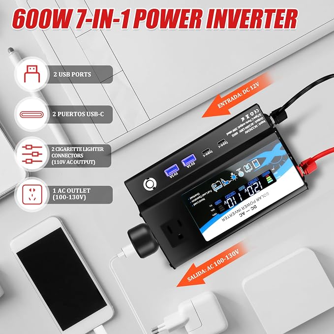 12V/24V Car Power Inverter Converter, Dual Type C Dual USB Dual Cigar Lighter Ambient Light LCD Display Adapter with Wide Compatibility, Suitable for Cars and Trucks (Black, 600W)