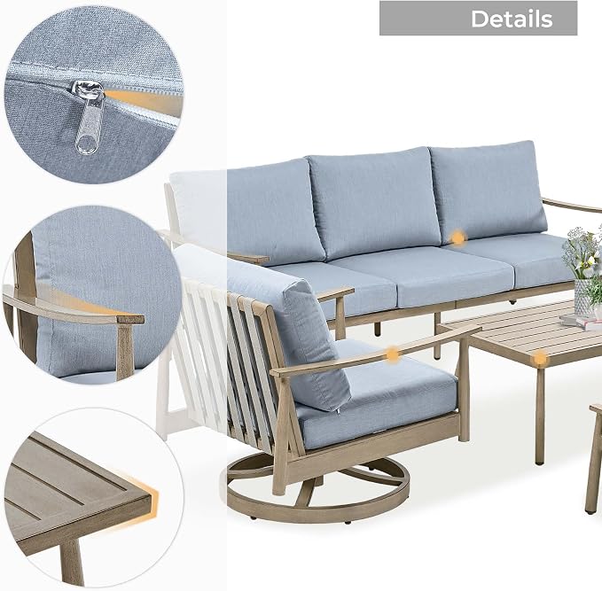 HAPPATIO Patio Outdoor Furniture Set - 6 Pieces Aluminum Outdoor Conversation Set with 1 Three-Seater Sofa, 1 Coffee Table, 2 Swivel Chairs, and 2 Ottomans for Yard, Porch, and Deck (Grey)