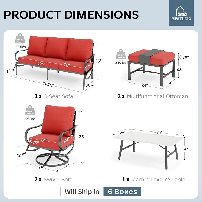 MFSTUDIO 6 Pieces Metal Patio Furniture Sets, 2 Swivel Chair, 1 Deep Seating 3-Seat Sofa, 2 Ottoman & 1 Marbling Coffee Table, All Weather 7 Seats Outdoor Conversation Set for Garden, Burgundy Red