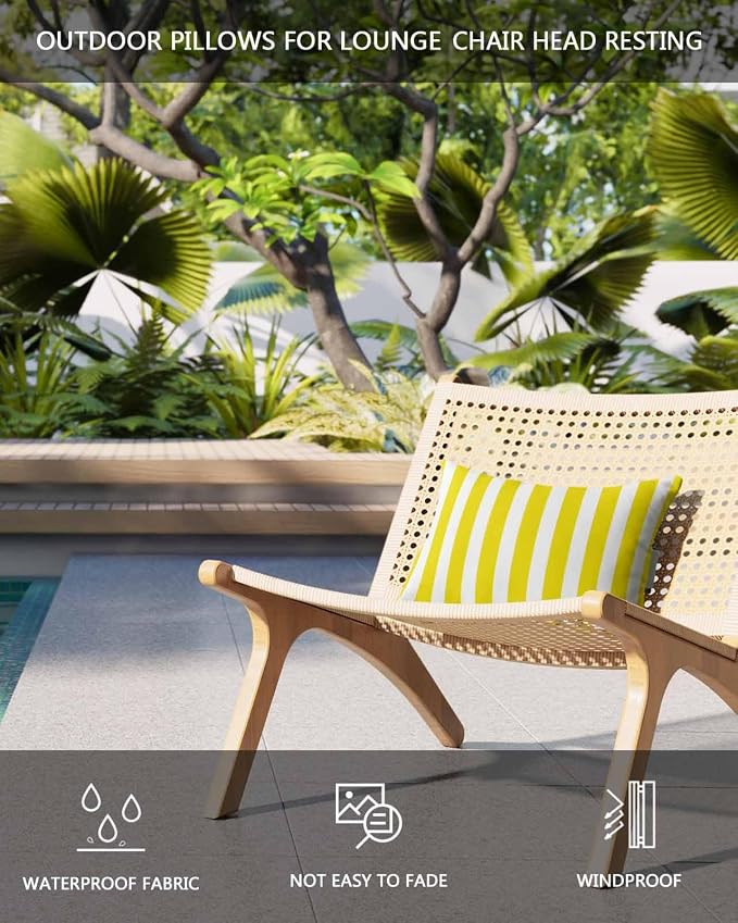 Lumbar Pillow Covers Set of 2, Yellow Striped Waterproof Outdoor Chaise Lounge Pillow Covers with Elastic Strap, Modern Farmhouse Yellow White Stripes Headrest Pillowcase for Patio, 12 x 20