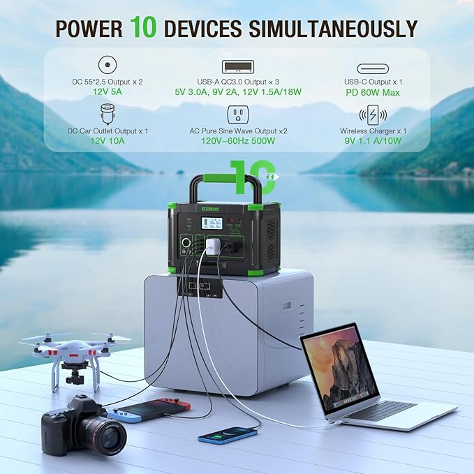 Portable Power Station 500W (Peak 1000W), 519.48Wh Solar Generator with 2x120V AC Outlets & USB-C PD 60W, 10-Port Power Bank with Wireless Charger for Outdoor Camping, RV Trips, Home Emergency Backup