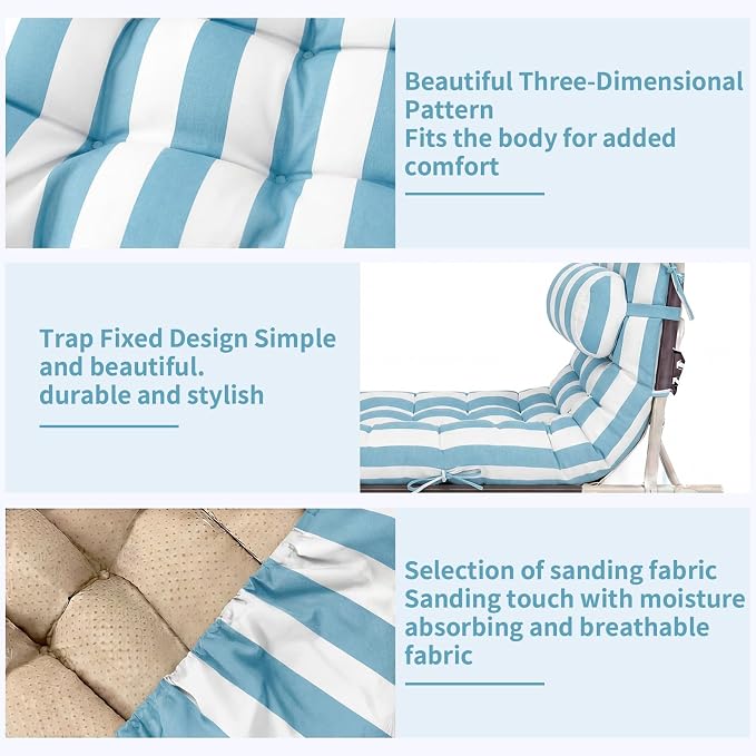 Tudomro Outdoor Chaise Lounge Cushion 66x21x4'' Waterproof & Fade-Resistant Patio Pool Chaise Lounge Cushion Headrest Pillow Tie Replacement Rocking High Back Chair(Blue, White Stripe,Set of 2)