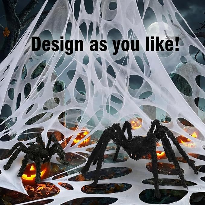 1200 Sqft （After Streched with Holes） Uncut Giant Spider Web Halloween Decorations Outdoor with 10 Ground Nails Stretchy Beef Cloth Netting Cut-Your-Own Flexible Elastic for Yard Party Decor