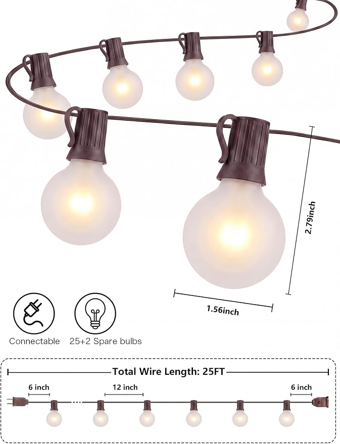 SUNSGNE 25Ft Outdoor Edison String Lights G40 Globe String Lights with 27 Frosted White Bulbs, Waterproof Connectable Hanging String Light for Christmas Patio House Backyard Balcony Party, Brown Wire
