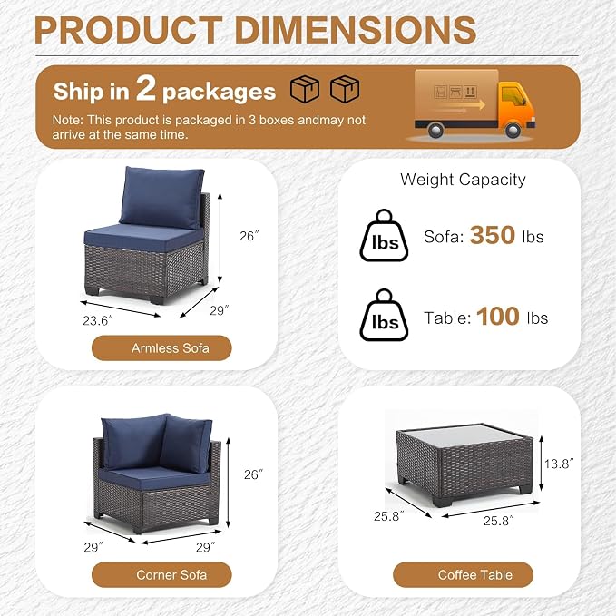 MOCHITO 5 Pcs Outdoor Patio Furniture Sets Brown Rattan Blue Cushions | All-Weather Sectional Sofa, with Glass Table, PE Rattan Wicker Patio Furniture , Washable Cushions, for Balcony Porch Garden