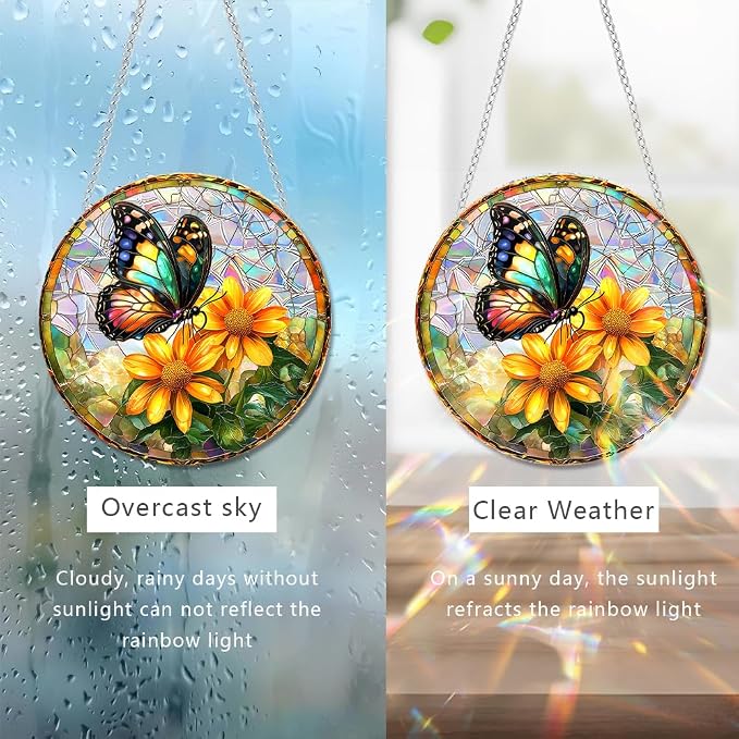 Acrylic Suncatcher Window Hanging, Butterfly & Flower Sun Catcher Rainbow Indoor Window Decoration for Living Room Bedroom Summer Home Balcony Ornaments, 7.87 inches