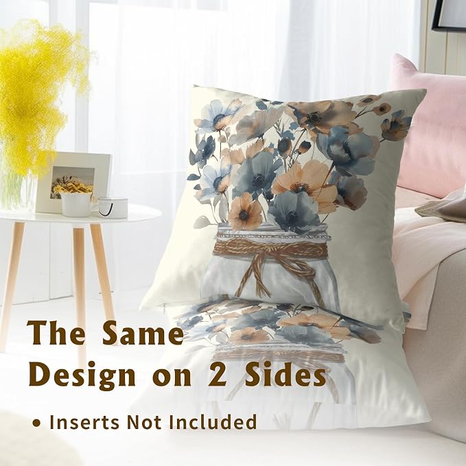 Watercolor Floral Throw Pillow Covers 22x22 Inch Set of 2, Rustic Grey Tan Flowers Decorative Pillowcase Zippered Squre Cushion Cover Farmhouse Decor for Sofa Couch Living Room Outdoor