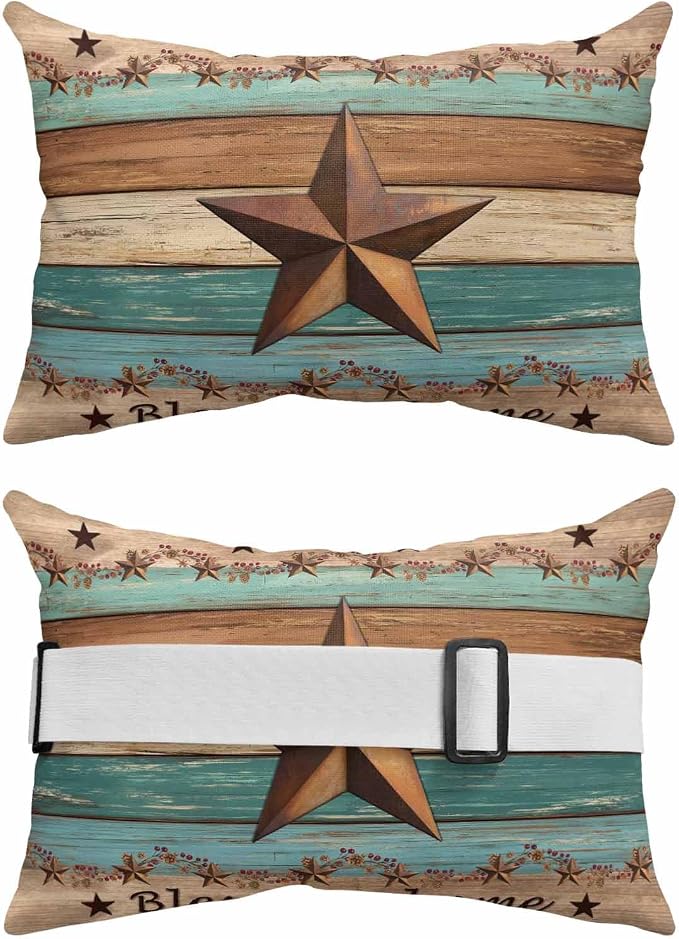 Western Texas Star Retro Outdoor Pillows for Chaise Lounge Chair Lumbar Pillows with Insert&Adjustable Strap Beach Headrest Pillow Country Farmhouse Teal Brown Wood Grain Neck Pillow for Pool 11"x16"