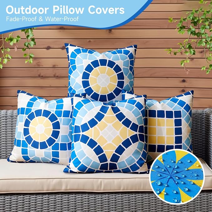CARRIE HOME Blue Summer Outdoor Pillow Covers Waterproof 18x18 Set of 4, Summer Themed Party Decorations Swimming Pool Chair Pillow 18 x 18, Fade Resistant Waterproof Outdoor Pillows for Patio Porch