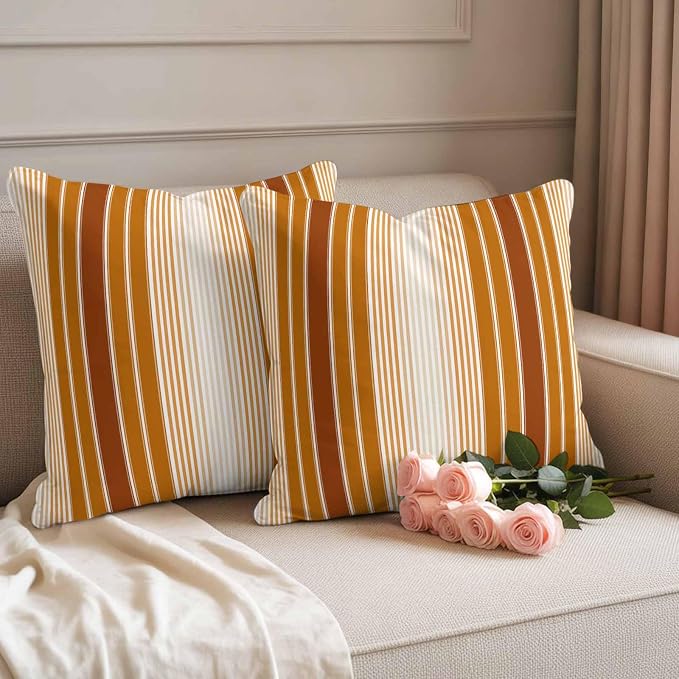 Outdoor Waterproof Throw Pillow Cover, Modern Minimalist Ombre Stripe Decorative Pillows Cushion Covers, Rustic Brown Orange Style 2 Pack Pillow Cases for Patio Garden Balcony Couch Sofa 20x20in