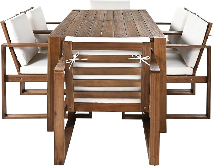 7 Piece Outdoor Patio Dining Set, Patio Table and 6 Armchairs Set with Umbrella Hole and Removable Cushion, All-Weather Acacia Wood Patio Furniture Set for Garden Backyard Lawn (Brushed Mocha)