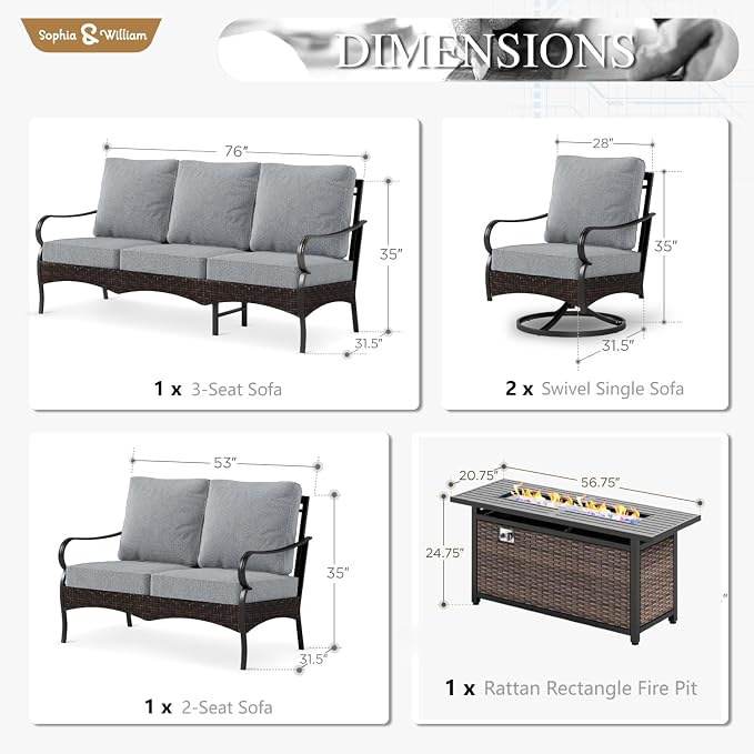 Sophia & William Patio Furniture Set with Fire Pit Table, 4PCS Metal Outdoor Conversation Set with Fire Pit Table, 2 Swivel Chairs,1 Loveseat,3-Seater Couch for Outdoor Seating,Backyard,Porch(Grey)