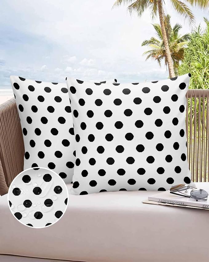Outdoor Waterproof Throw Pillow Covers Set of 2 Black White Polka Dots Pillowcases 24x24 Inches Cute Solid Color Decorative Pillows Cushion Case Patio Pillows for Couch Bed Chair Garden