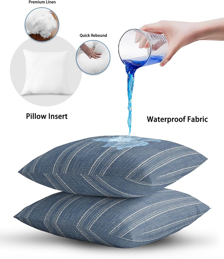Vandarllin Waterproof Outdoor Pillow 1 Pack Denim Blue Linen Stripes Decorative Throw Pillows Cover & Insert 18x18 Inch Pillowcase Parallel Vertical Lines Pillows for Couch Sofa Bed Patio Furniture