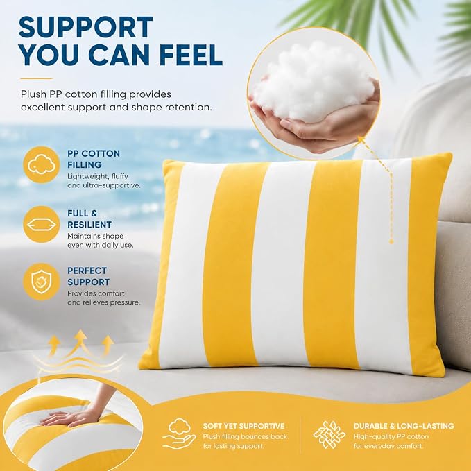 2pcs Outdoor Decor Pillows, Insert and Cover, Waterproof & Fade-Resistant Patio Couch Cushions for Garden, Porch, Poolside Sofa (Yellow White, 18x18in)