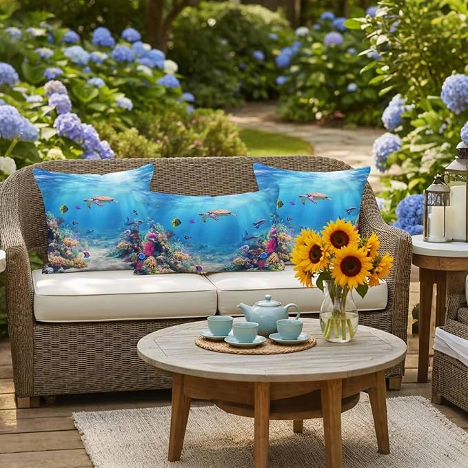 Ocean Turtle Waterproof Outdoor Pillow Covers Set of 2 Home Decor, Blue Beach Summer Dolphin Whale Coral Fish Pillowcase Patio Pillow Covers for Couch Bench Furniture Garden 24x24in
