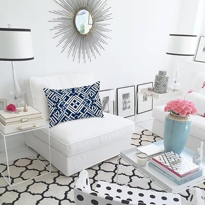 Lacefield Trellis Print Geometric Blue Rectangular Throw Pillow Cover Chinoiserie Grandmillenial Ming Trail Throw Pillow Cover Decorative Cushion Cases Home Decor for Sofa Couch Bed 12x18in