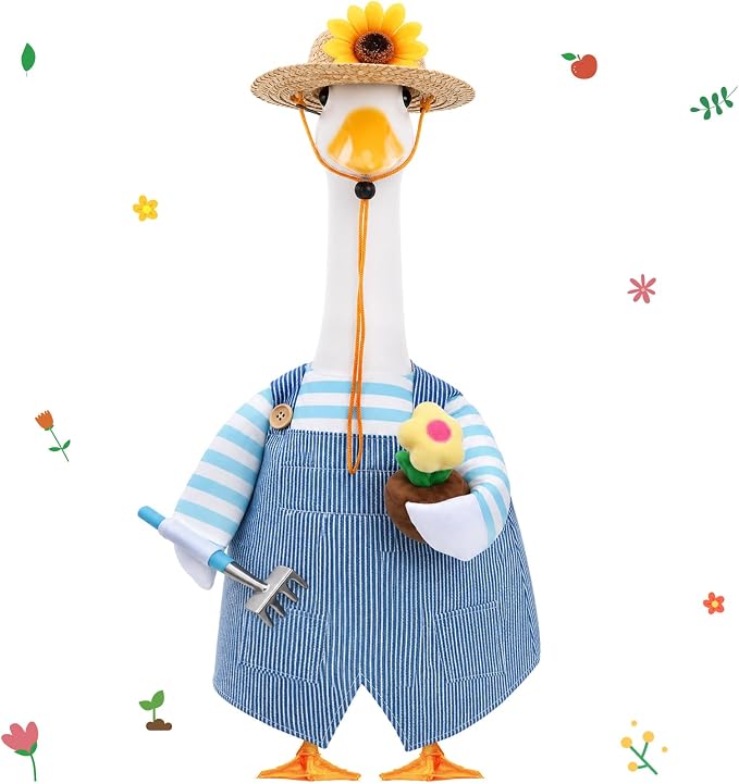 FuWeave Spring Summer Goose Outfit Overalls Gardener Porch Goose Clothes for 23" Large Statue Outdoor Patio Yard Lawn Art Decoration