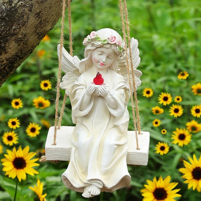 Angel Garden Statue,Fairy Solar Garden Decor with Warm Light | Waterproof Angel Statue with Swing & Holding Bird,Outdoor Garden Decor for Lawn Yard Patio Windowsill Garden Gifts, Apricot