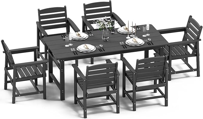 FOOWIN Outdoor HDPE Dining Table Set 7-Piece All Weather Patio Dining Set with Umbrella Hole,Outdoor Patio Furniture Dining Set for 6,Patio Kitchen Table Set for Garden,Backyard,Poolside. Black