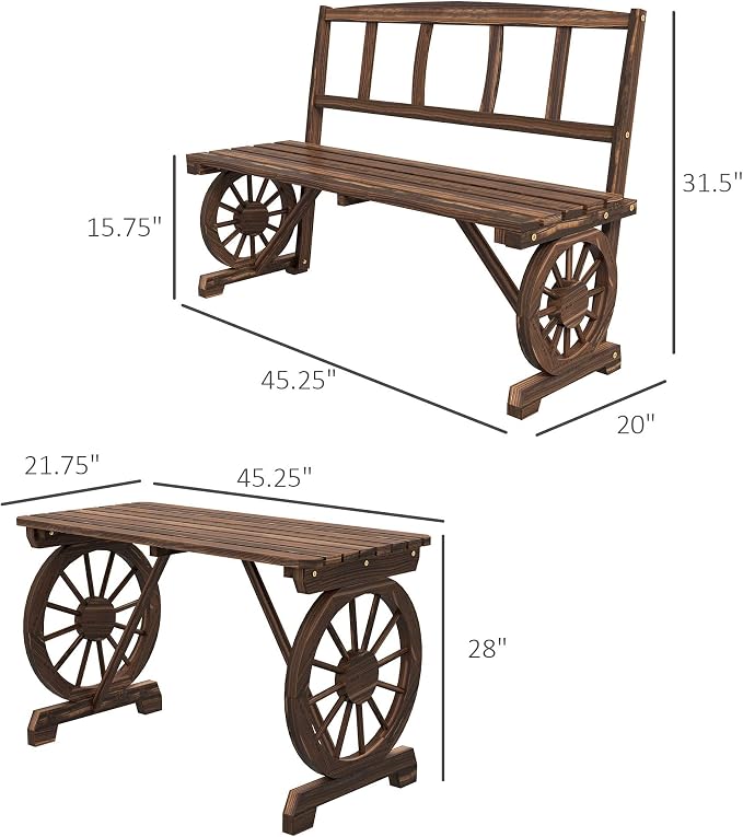 3-Piece Carbonized Pine Patio Dining Set: Wagon Wheel Table & 2 Benches (45.25" L), Rustic Outdoor Furniture for 4-Person, Rain-Ready Slatted Design