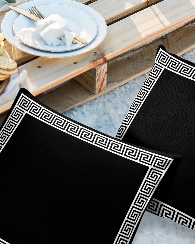 Funy Decor Waterproof Outdoor Throw Pillow Cover Geometric Greek Key Design Lumbar Pillowcases Set of 2 Black Decorative Patio Furniture Pillows for Couch Garden 16x16 inch