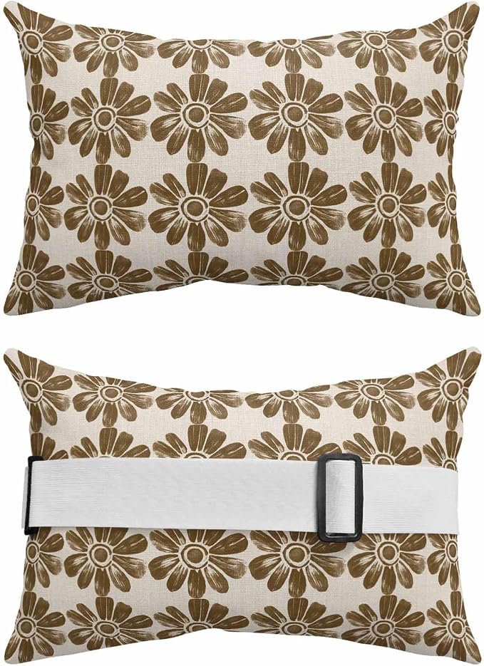 Pack of 2 Outdoor Lumbar Cushions with Inserts, Retro Brown Flower Linen Background Waterproof Fluffy Fade Body Pillows, Patio Furniture Pillow for Home Balcony Garden Decor 11x16IN