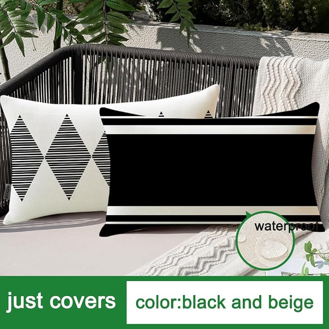 Outdoor Pillows Covers 12x20 Waterproof,Black and Beige Set of 4(No Insert) | for Covered Patio Furniture Sunbrella,No Insert Just Covers,Durable Polyester,Fit 12x20 inch Inserts or Smaller,Boho Lumbar