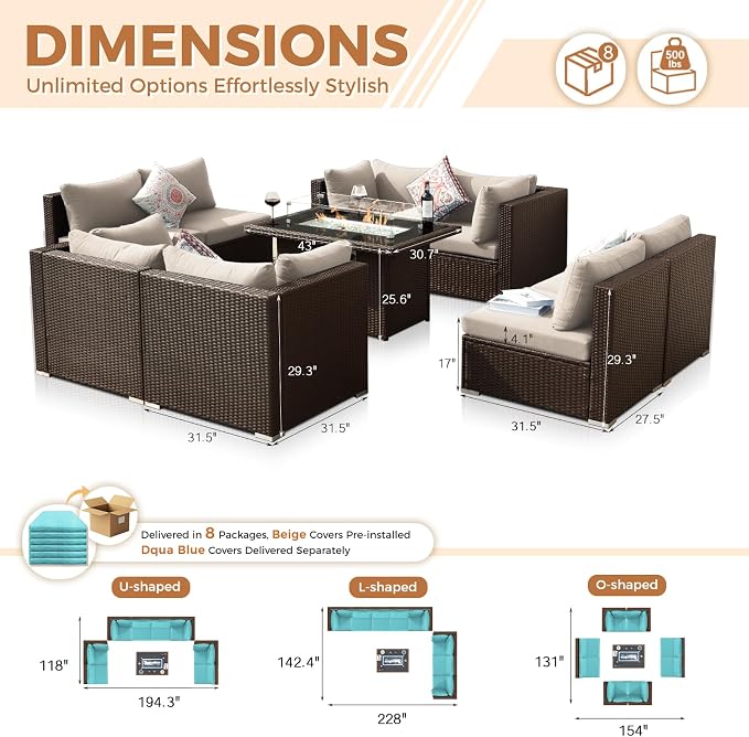 BULEXYARD 9 Pcs High Back Outdoor Sectional Set with Firepit Table, High-End Patio Furniture Seating Set, Big Oversized Wide Deep Modular 8-Seater Couch Sofa for Backyard, Brown Wicker & Teal Cushion