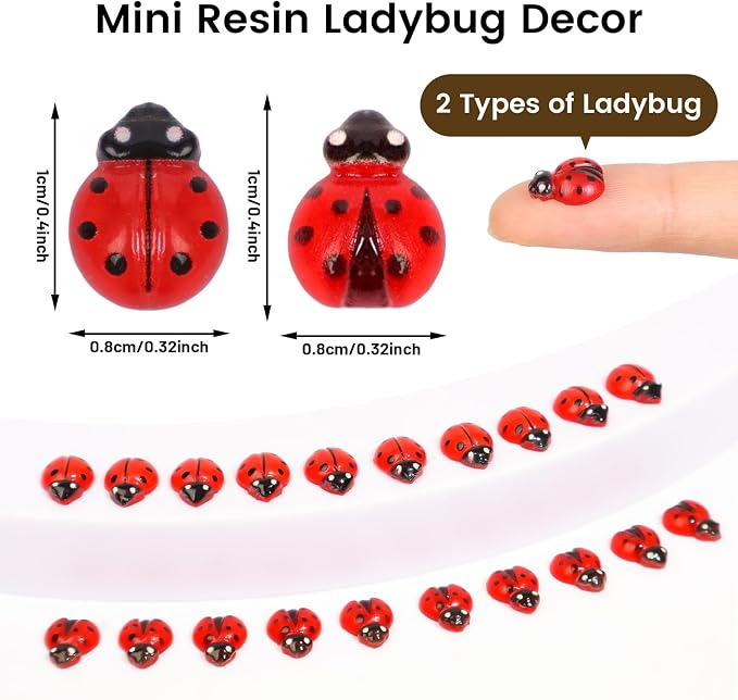 300pcs Luminous Mini Resin Ladybug Decor Tiny Ladybug for Crafts Dollhouse Miniatures Mini Resin Things Animals for Fairy Garden Micro Landscaping Home Decoration, 2 Types(0.32 * 0.4inch)