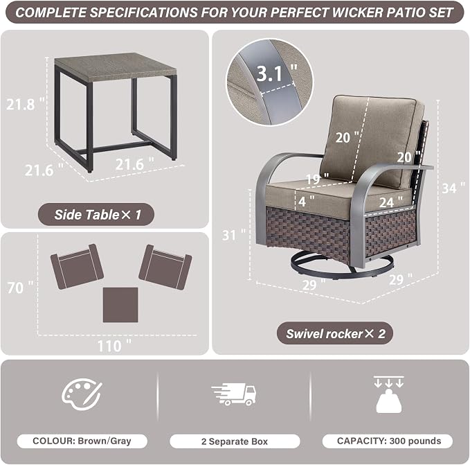 Belord Outdoor Swivel Rocker Patio Chairs Set of 2, 3 Piece Wicker Patio Bistro Set with Metals Side Table and Comfort High Back 4" Cushion Outdoor Patio Glider Chair for Balcony Deck Porch