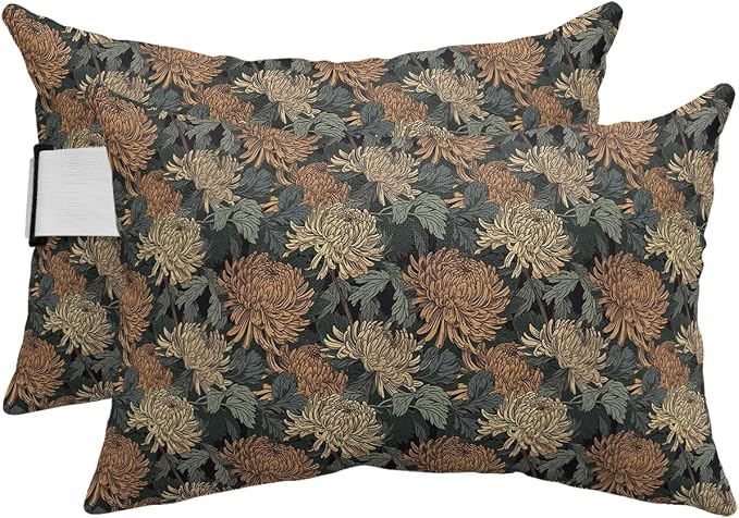 Outdoor Pillows Covers with Inserts Vintage Flower Dahlia Texture Waterproof Recliner Pillow with Adjustable Strap Throw Pillows for Patio Furniture Pool Lounge Chair, 12x20 inch, 2PCS