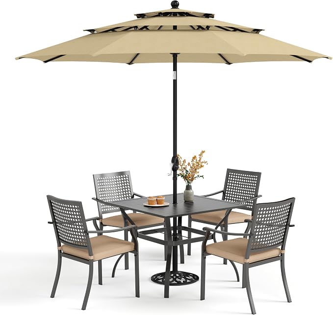 PHI VILLA Outdoor Table Chairs Set w/Umbrella, 5pc Patio Metal Furniture | 37" wrought iron square table & stackable chairs for 4. 10ft beige umbrella. Dining set for deck, porch, backyard.