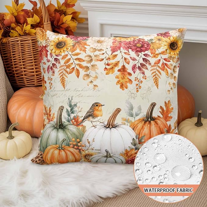 Orange White Pumpkins Fall Throw Pillow Covers 24x24 Inch Set of 2, Thanksgiving Waterproof Outdoor Pillow Covers, Sunflower Retro Decorative Cushion Pillowcases for Couch, Sofa, Bed, Garden, Patio