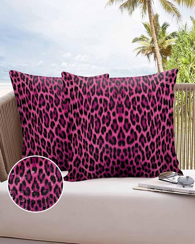 Vandarllin Outdoor Throw Pillows Covers 24x24 inch Set of 2 Waterproof Pink Leopard Print Decorative Zippered Cushion Covers for Patio Furniture, Retro Animal Fur Pattern Lumbar Pillowcases