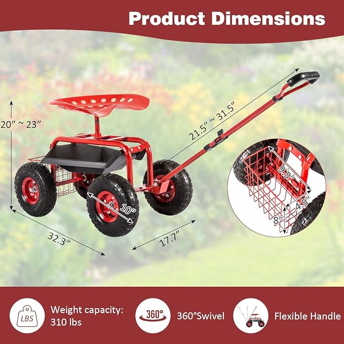 kinbor Rolling Garden Scooter Garden Cart with Tray, 360 Swivel Seat, Red