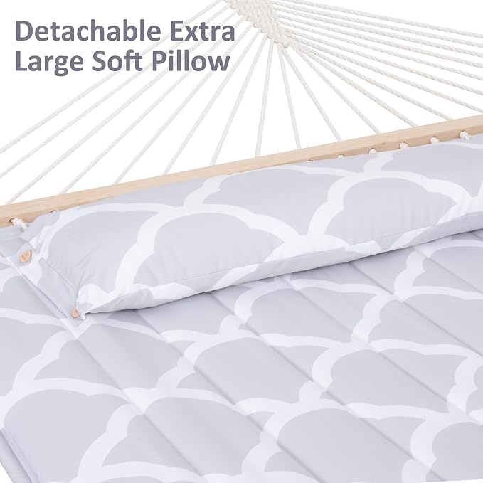 SUNCREAT Double Hammock, Extra Large Quilted Fabric Swing with Hardwood Spreader Bars & Detachable Pillow, Heavy Duty, Perfect for Indoor/Outdoor Patio, Deck, Yard, Gray Cloud