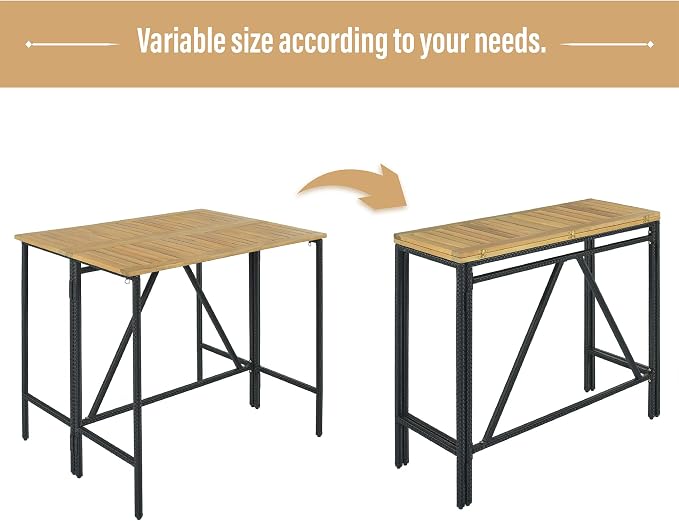 5-Piece Outdoor Patio Wicker Bar Set,PE Rattan Wicker High-Dining Bistro Set with 4 Square Stools and 1 Acacia Wood Table with Foldable Tabletop