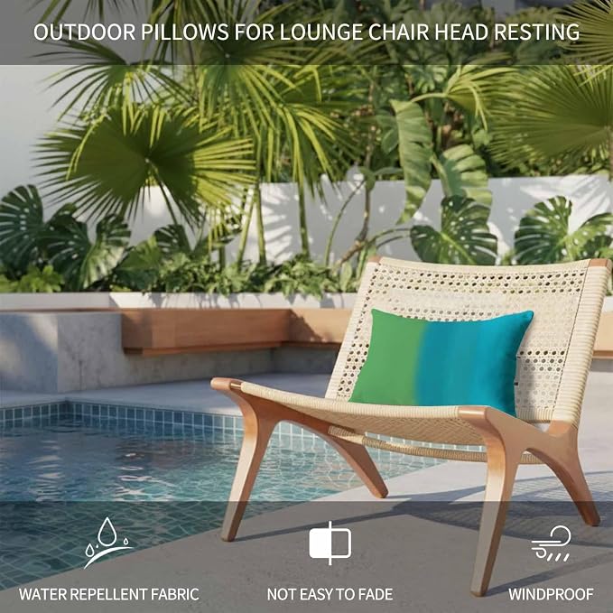 Color Ombre Striped Chaise Lounge Head Pillow, Minimalist Green Teal Blue Gradient Modern Water&Stain Proof Outdoor Chair Pillow with Strap&Insert for Garden Beach Pool Recliner, 12"x20", 2 PCS