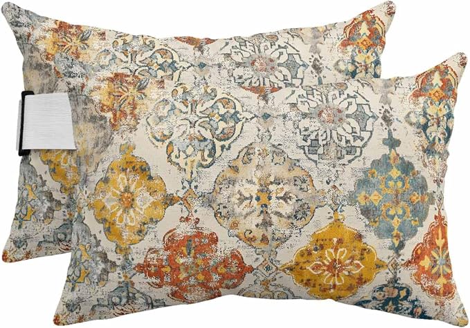 Pack of 2 Outdoor Lumbar Cushions with Inserts, Vintage Morocco Ethnic Boho Country Abstract Art Waterproof Fluffy Fade Body Pillows, Patio Furniture Pillow for Home Balcony Garden Decor 11x16IN