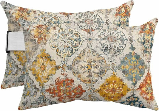 Pack of 2 Outdoor Lumbar Cushions with Inserts, Vintage Morocco Ethnic Boho Country Abstract Art Waterproof Fluffy Fade Body Pillows, Patio Furniture Pillow for Home Balcony Garden Decor 11x16IN
