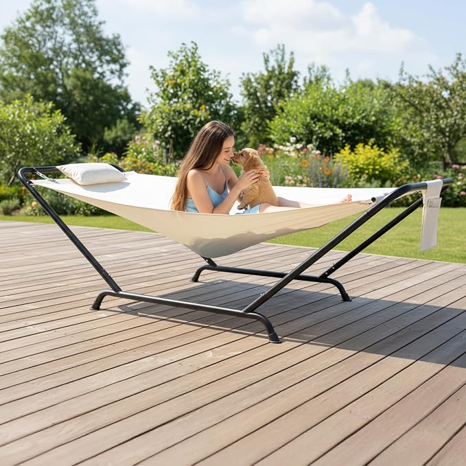 Hammock with Stand, Heavy Duty Hammock with Soft Pillow, Freestanding Outdoor Hammocks Bed for Outside Backyard, Camping, Garden, Yard, Patio, 330 lbs Weight Capacity (Beige)