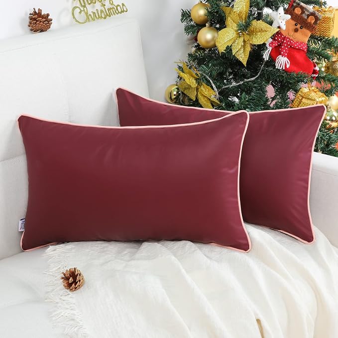 Pack of 2 Outdoor Waterproof Silicone Leather Pillow Covers 12x20 Inch Outdoor UV Fade Resistant Lumbar Pillow Cover for Patio Tent Sunbrella Couch, Burgundy