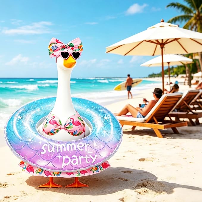 23 in Porch Goose Summer Outfit Bikini, Hawaiian Porch Goose Swimsuit Clothes Costume Accessories with Bow Glasses Swim Ring for 23" Summer Goose Garden Patio Statue Decor (Blue Flamingos)