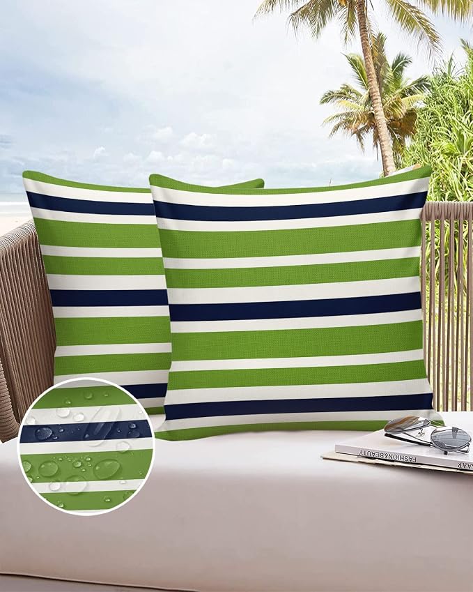 Outdoor Waterproof Pillow Covers for Patio Furniture Navy Blue Green Stripes Decorative Throw Pillow Cover Lime Green Stripes Pillowcases Set of 2 Cushion Case for Sofa Couch Chair 18 x 18 Inches