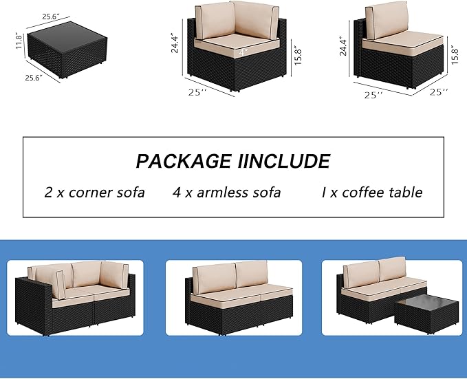7 Piece Outdoor Patio Furniture Set,Black PE Rattan Wicker Sectional Sofa, All Weather Conversation Set with Washable Cushions & Glass Coffee Table for Backyard Poolside Garden Porch,Khaki